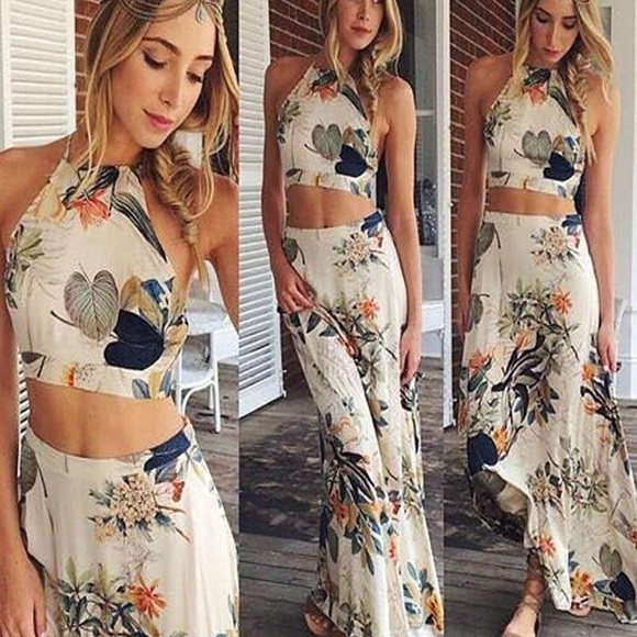 Cross front halter flower applique slit knotted maxi skirt set